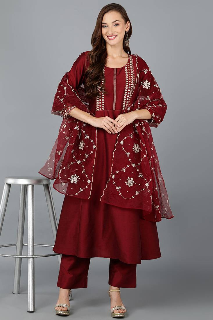 maroon color embroidered silk blend styles kurta trouser with dupatta