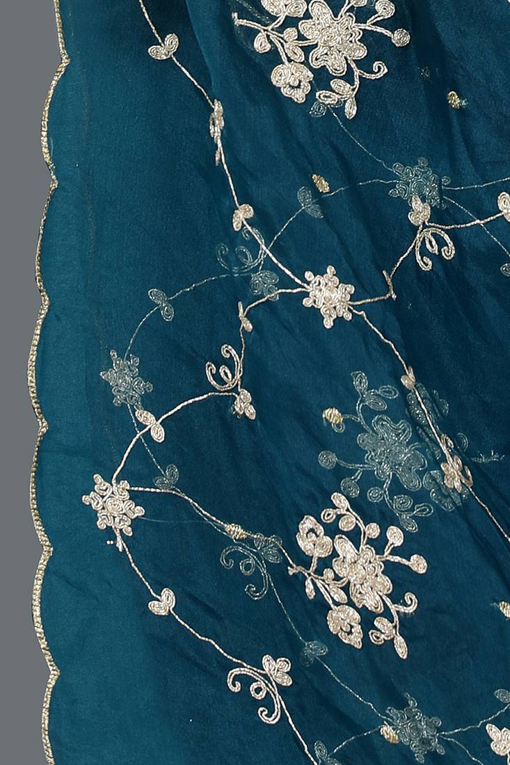 teal color embroidered silk blend styles kurta trouser with dupatta