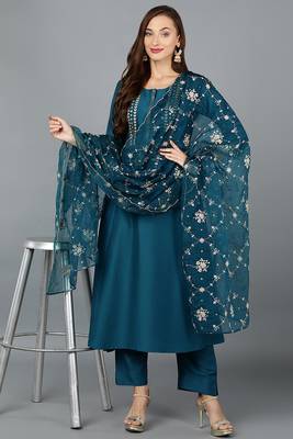 teal color embroidered silk blend styles kurta trouser with dupatta 7