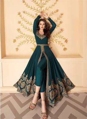 DARK GREEN SLIT STYLE EMBROIDERED ANARKALI PANT SUIT SEMI STITCHED 2