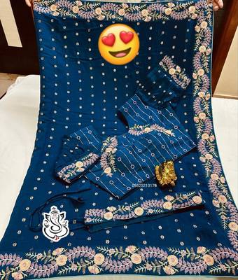 pure viscose fabric saree in blue color with embroidery 1