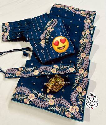 pure viscose fabric saree in blue color with embroidery 2