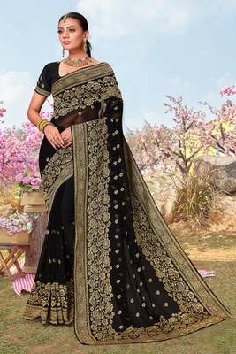 Black Zari Embroidered Border Georgette Saree With Matching Blouse Piece 1