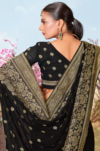 Black Zari Embroidered Border Georgette Saree With Matching Blouse Piece