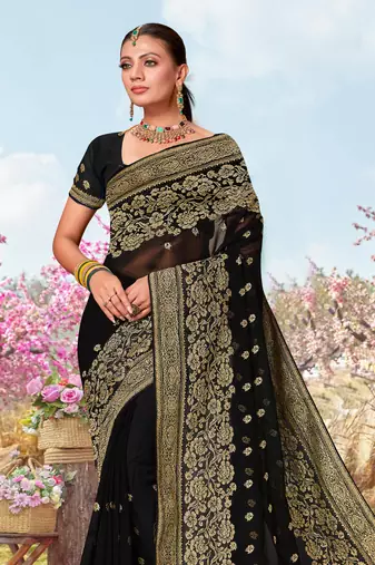 Black Zari Embroidered Border Georgette Saree With Matching Blouse Piece