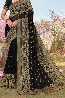 Black Zari Embroidered Border Georgette Saree With Matching Blouse Piece 4