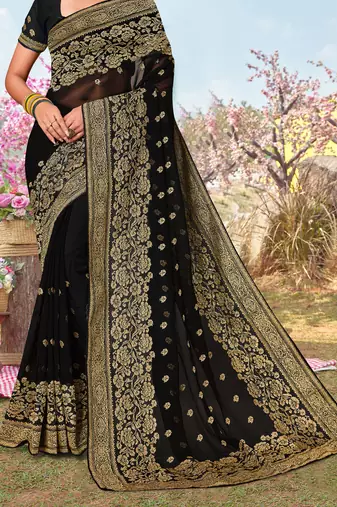 Black Zari Embroidered Border Georgette Saree With Matching Blouse Piece