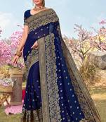 Navy Blue Zari Embroidered Border Georgette Saree Sari With Matching Blouse Piece