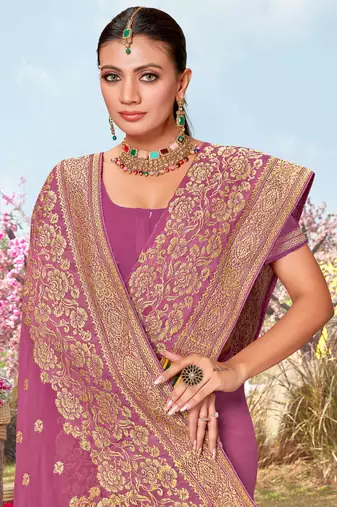 Pink Zari Embroidered Border Georgette Saree With Matching Blouse Piece
