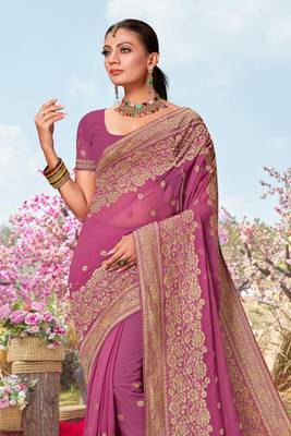Pink Zari Embroidered Border Georgette Saree With Matching Blouse Piece 3