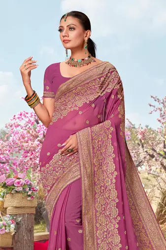 Pink Zari Embroidered Border Georgette Saree With Matching Blouse Piece