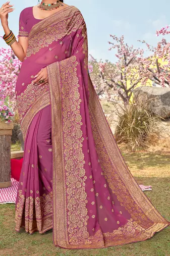 Pink Zari Embroidered Border Georgette Saree With Matching Blouse Piece