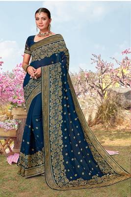 Teal Blue Zari Embroidered Border Georgette Saree With Matching Blouse Piece 1
