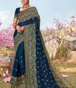 Teal Blue Zari Embroidered Border Georgette Saree With Matching Blouse Piece