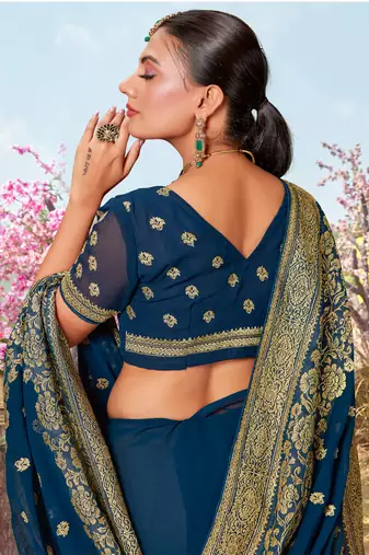 Teal Blue Zari Embroidered Border Georgette Saree With Matching Blouse Piece