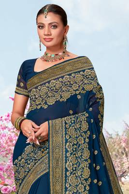 Teal Blue Zari Embroidered Border Georgette Saree With Matching Blouse Piece 3