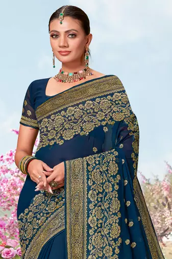 Teal Blue Zari Embroidered Border Georgette Saree With Matching Blouse Piece