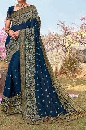 Teal Blue Zari Embroidered Border Georgette Saree With Matching Blouse Piece
