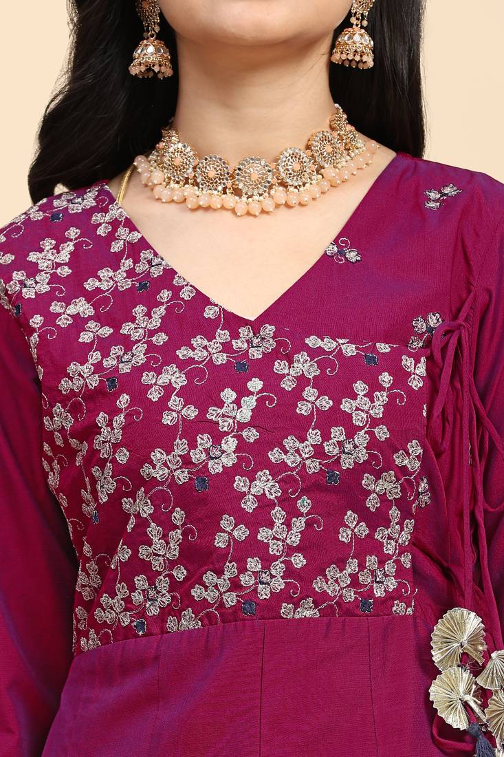 Trendmalls  Leeva Silk Embroidery Salwar Suit Set Angarkha Kurta Palazzo with Dupatta