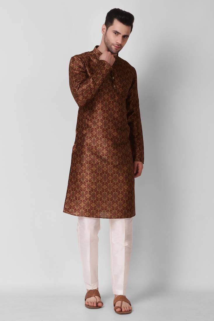 Maroon Printed Art Silk Stitched Kurta