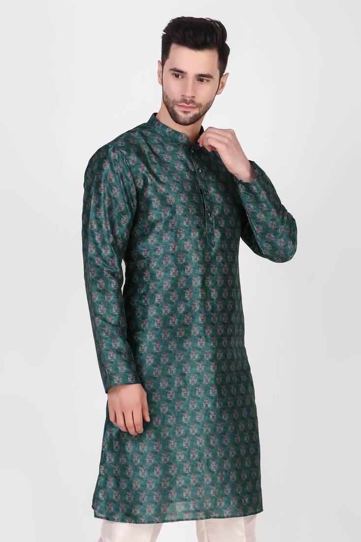 Teal Printed Art Silk Stitched Kurta