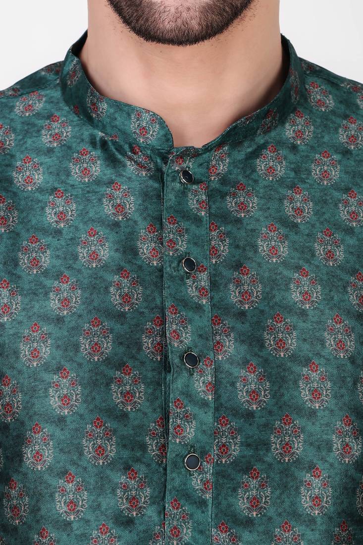 Teal Printed Art Silk Stitched Kurta