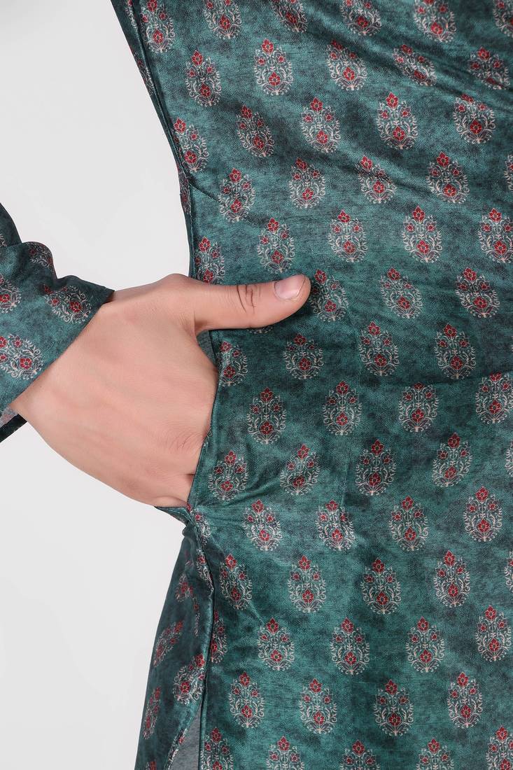 Teal Printed Art Silk Stitched Kurta
