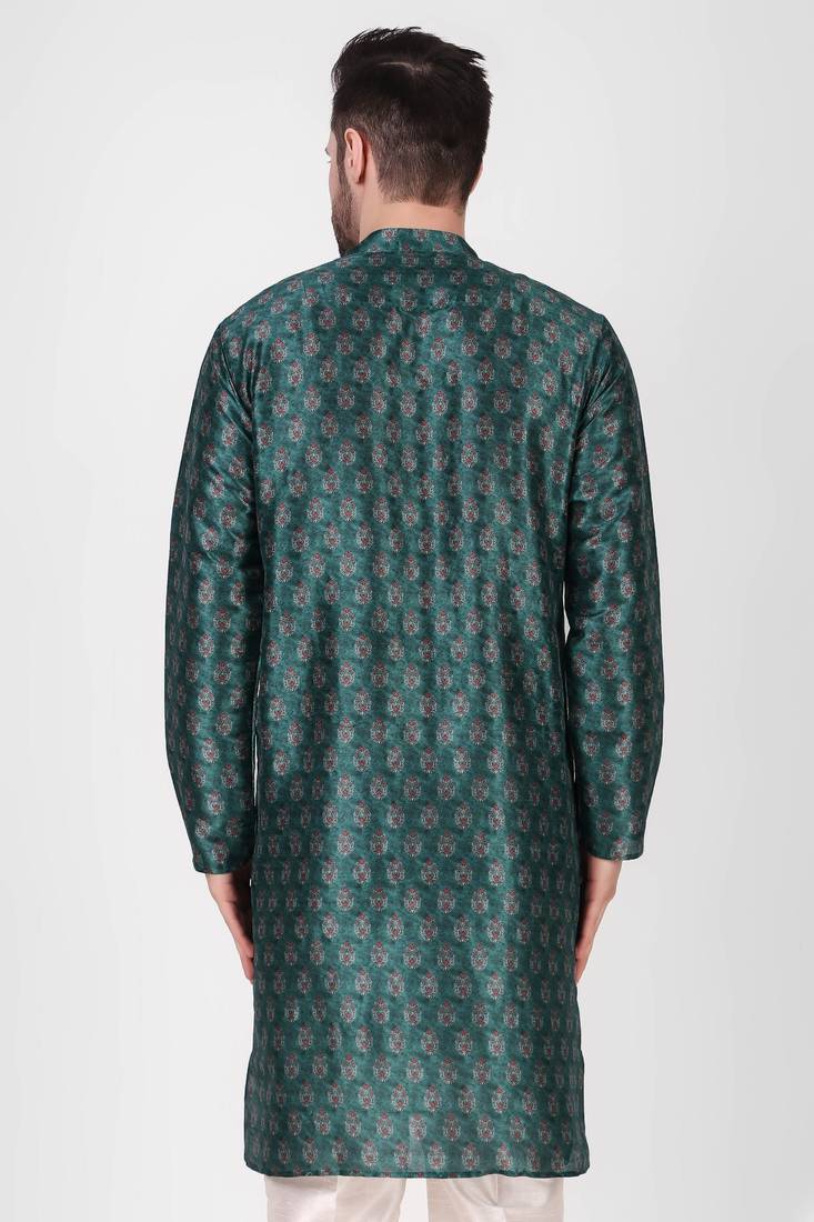 Teal Printed Art Silk Stitched Kurta