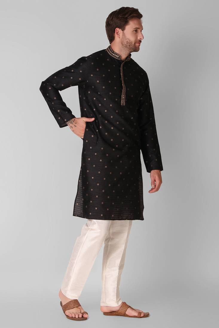 Light_Black Embroidered Silk_Blend Stitched Kurta-Pajama