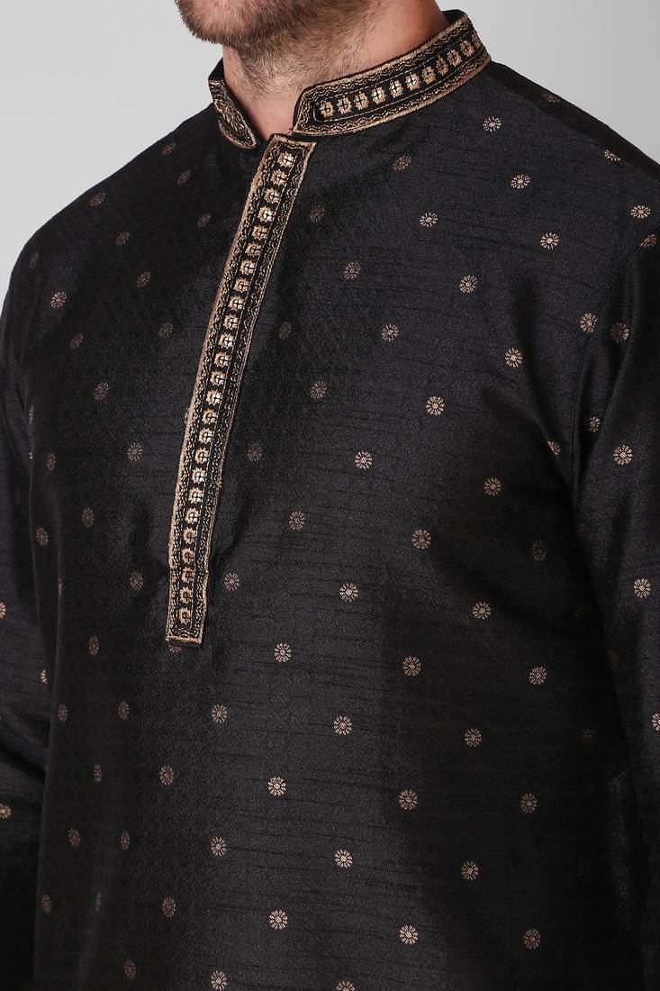 Light_Black Embroidered Silk_Blend Stitched Kurta-Pajama