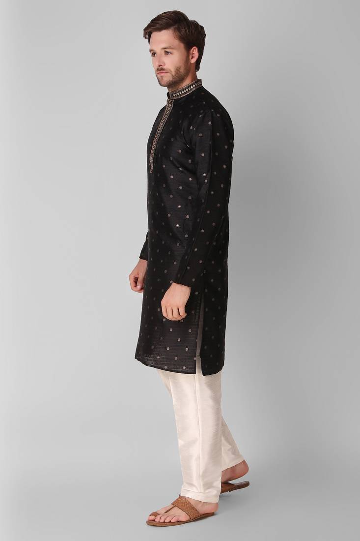 Light_Black Embroidered Silk_Blend Stitched Kurta-Pajama