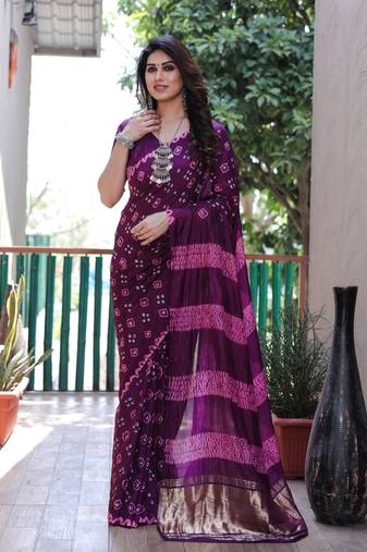 Purple Woven Design Bandhej silk blend Saree With Blouse