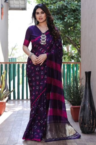 Wine Woven Design Bandhej Silk Blend Saree With Blouse