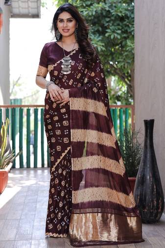 Coffee Woven Design Bandhej Silk Blend Saree With Blouse