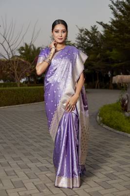 Lavender woven design kanjivaram soft satin silk saree with blouse 3