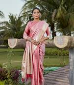 Peach woven design kanjivaram soft satin silk saree with blouse