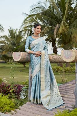 Sky blue woven design kanjivaram soft satin silk saree with blouse 1