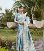 Sky blue woven design kanjivaram soft satin silk saree with blouse