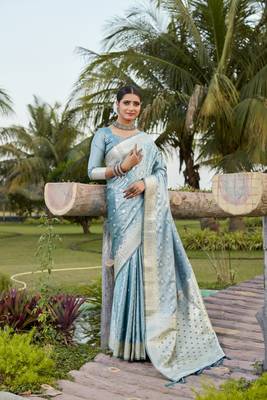Sky blue woven design kanjivaram soft satin silk saree with blouse 2