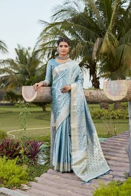 Sky blue woven design kanjivaram soft satin silk saree with blouse 3