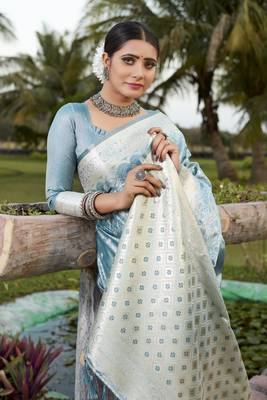 Sky blue woven design kanjivaram soft satin silk saree with blouse 4
