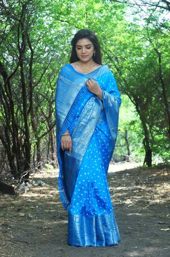 Blue Woven Design Bandhej silk Saree With Blouse