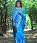 Blue Woven Design Bandhej silk blend Saree With Blouse