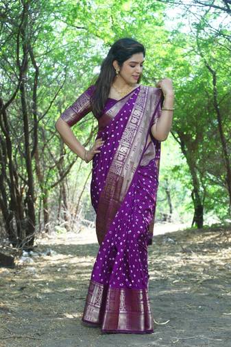Wine Woven Design Bandhej silk Saree With Blouse