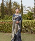 Black woven design kanjivaram soft satin silk blend saree with blouse