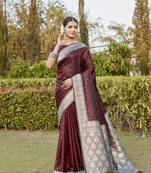 Brown woven design kanjivaram soft satin silk blend saree with blouse