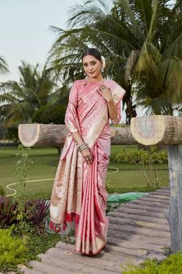 Peach woven design faux Faux kanjivaram soft satin silk saree with blouse 2