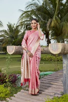 Peach woven design faux Faux kanjivaram soft satin silk saree with blouse 3