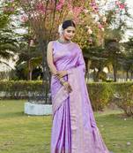 Lavender woven design kanjivaram soft satin silk blend saree with blouse