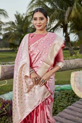 Peach woven design faux Faux kanjivaram soft satin silk saree with blouse 4